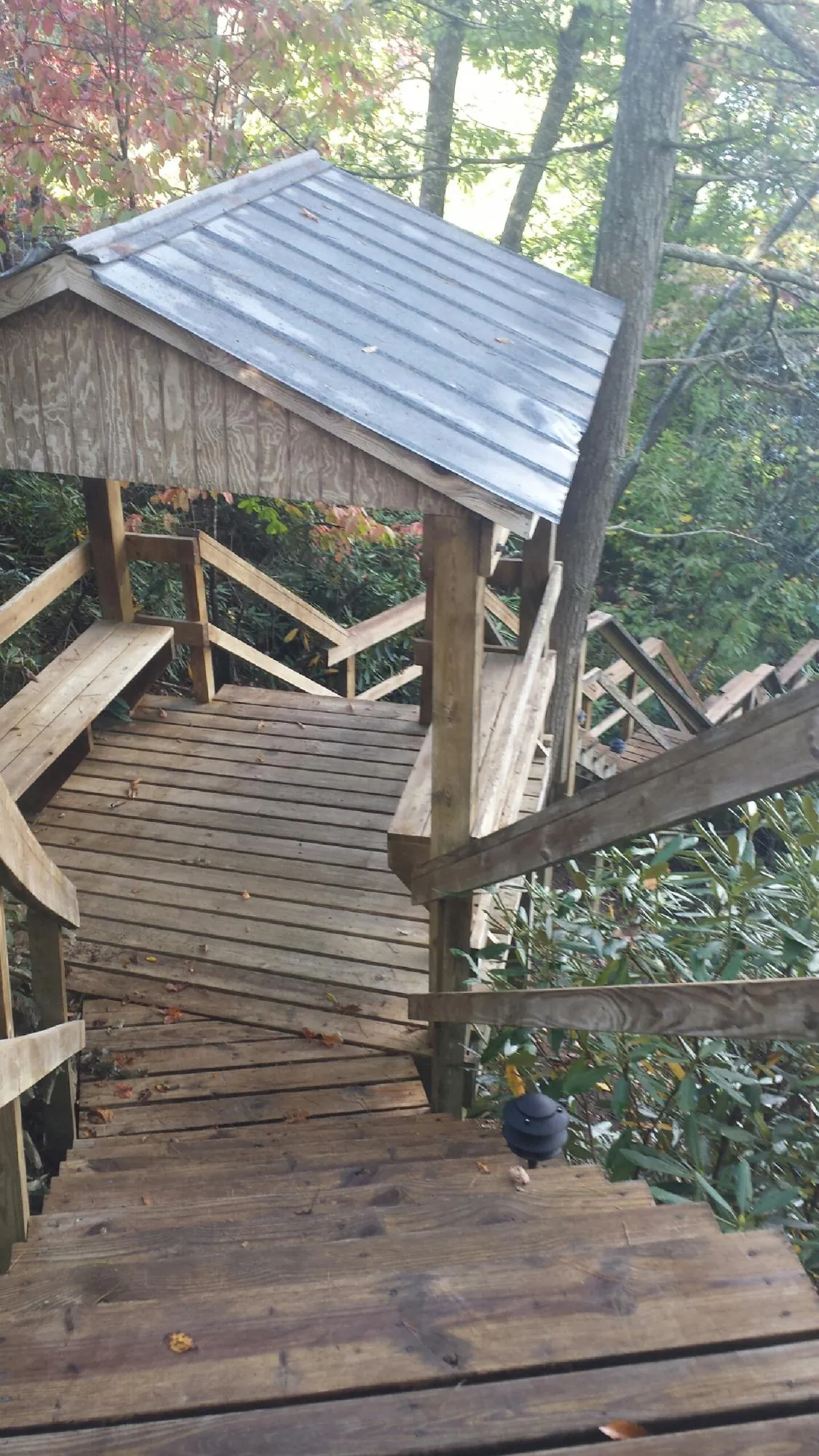Metal roofed shelter over wooden steps on a wooded walkway — Skylight Repair & Installation work by our crew in Haskins